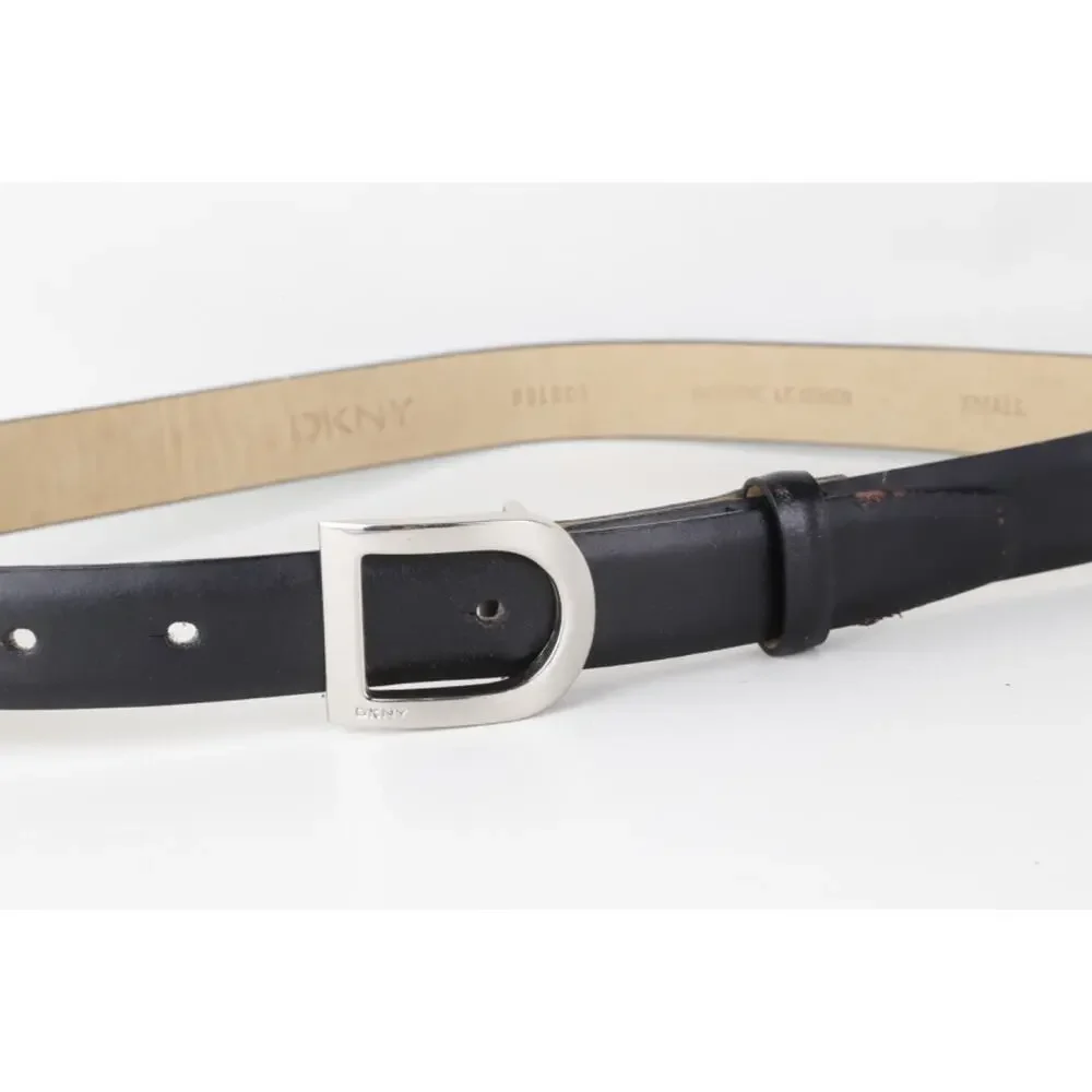 Vintage DKNY Black Genuine Leather Belt Brushed Silver D-Ring Horseshoe Buckle S